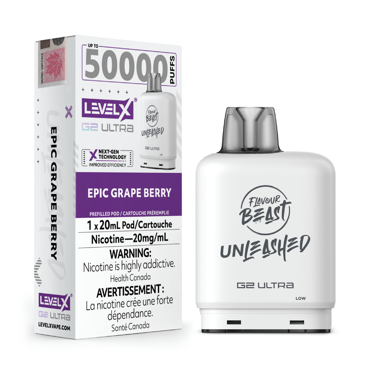 levelx g2 ultra unleashed pod jul2025 render fam exs 20mg epicgrapeberry 1.webp