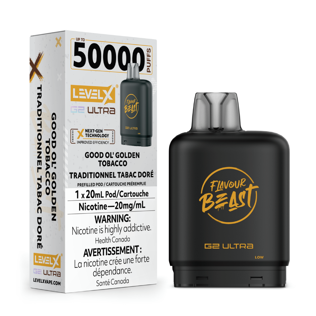 levelx boost g2 ultra flavourbeast pod apr2025 render fam 20mg goodolgoldentobacco 1.webp