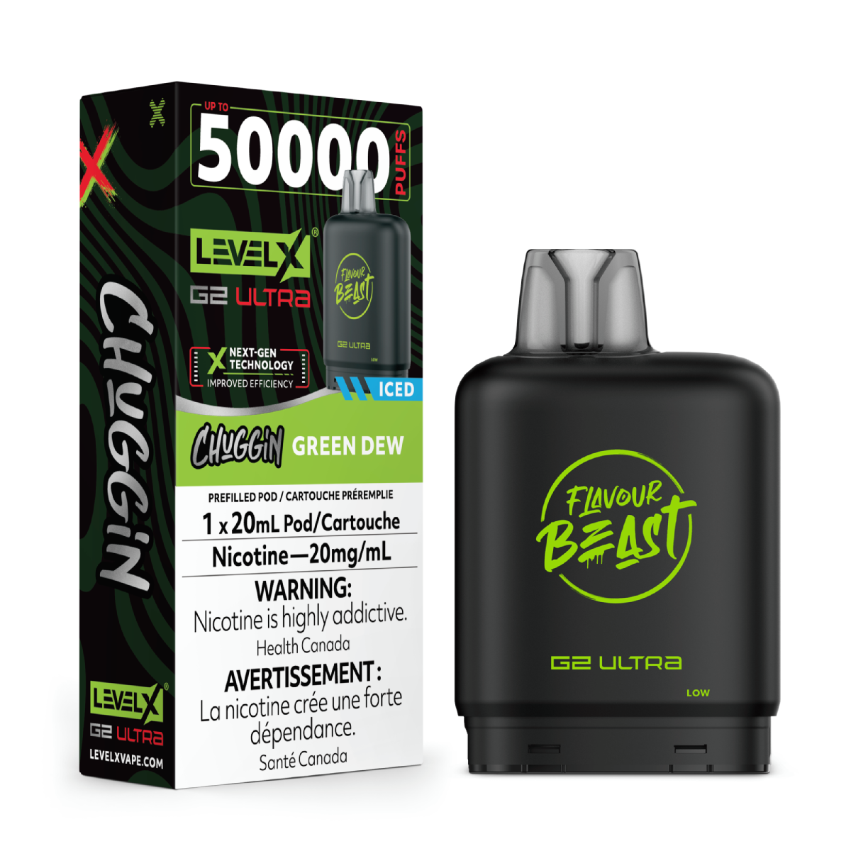 levelx boost g2 ultra flavourbeast pod apr2025 render fam 20mg greendew 1.webp