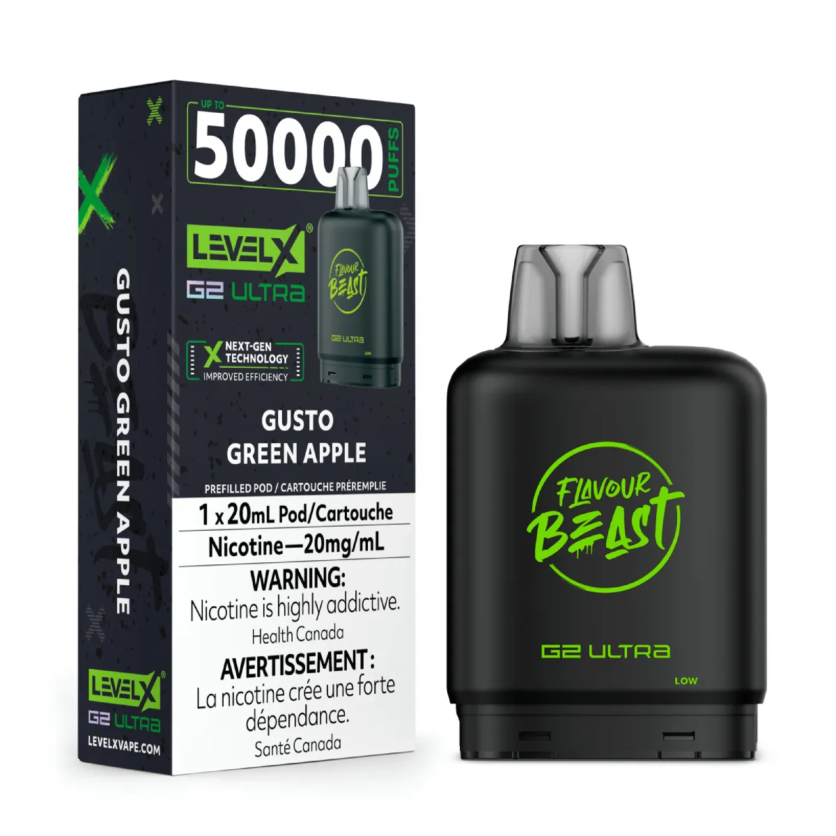 levelx boost g2 ultra flavourbeast pod apr2025 render fam 20mg gustogreenapple.webp