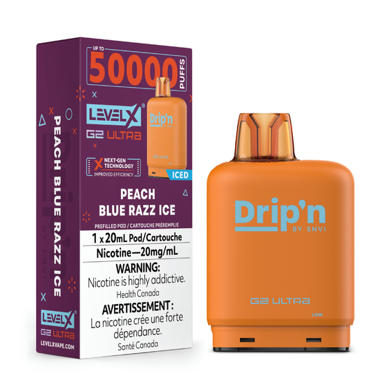 levelx g2 ultra dripn pod jul2025 render fam 20mg peachbluerazzice 1.webp